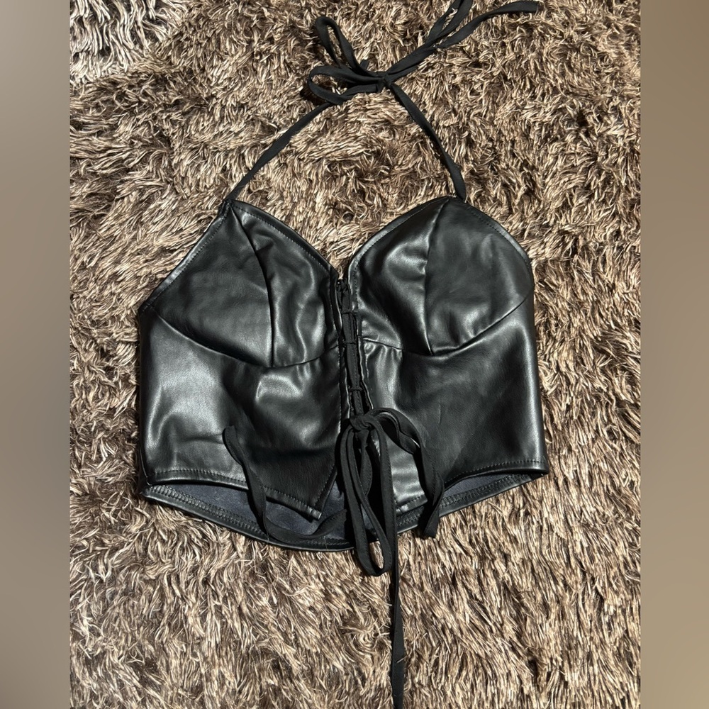 Black Faux Leather Lace Up Crop Top M NWOT